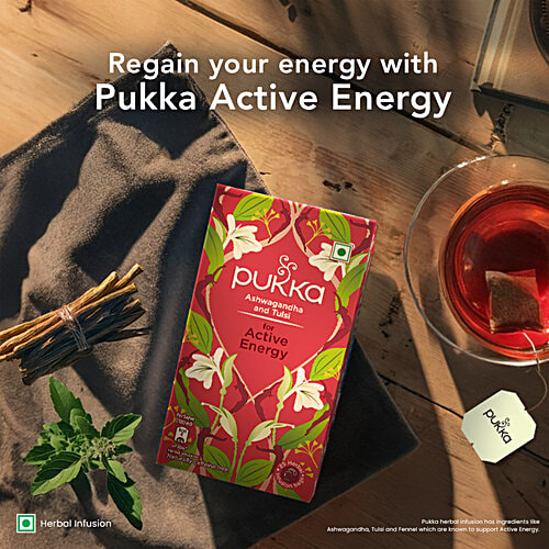 Pukka Ashwagandha & Tulsi Herbal Infusions For Active Energy, 25 g (25 Bags x 1 g each) Naturally Caffeine Free