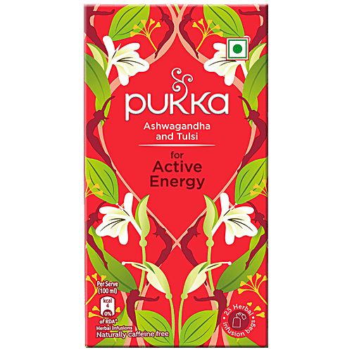 Pukka Ashwagandha & Tulsi Herbal Infusions For Active Energy, 25 g (25 Bags x 1 g each) Naturally Caffeine Free