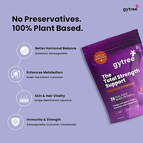 Gytree Total Strength Support Protein Powder - Chocolate, 500 g Pouch Dual Plant Based Protein, For Immunity & Metabolism, No Added sugar, No Gluten, Lactose Free