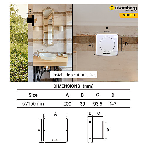 Atomberg Studio 6 Inch 150 mm Exhaust Fan With BLDC Motor (Double Ball Bearings, Black), 1 Unit  