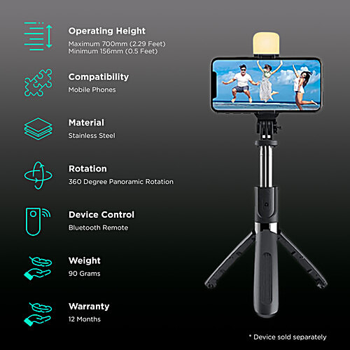 Captures Magiic 24 Capture Magiic 24 70cm Adjustable Bluetooth Selfie Stick For Mobile With Remote (360 Degree Rotatable, Black), 1 Unit