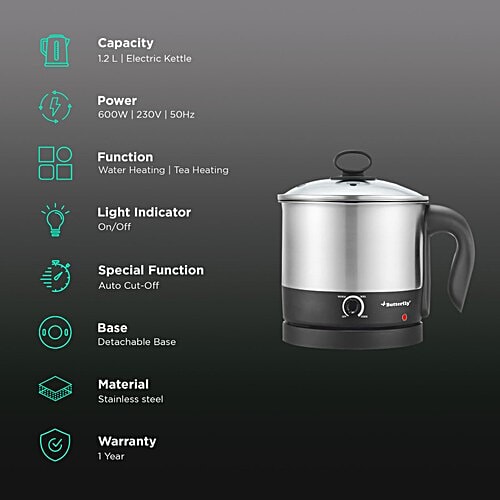 Butterfly Butterfly TRIWAK0048 600 Watt 1.2 Litre Multi Cook Electric Kettle with Rapid Boil Technology (Silver), 1 Unit  