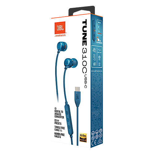 JBL JBL T310C Wired Earphone with Mic (USB Type-C Connector, In Ear, Blue), 1 Unit  