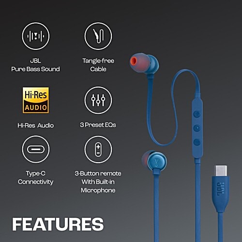 JBL JBL T310C Wired Earphone with Mic (USB Type-C Connector, In Ear, Blue), 1 Unit  