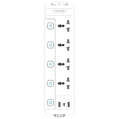 Croma 6 Amps 4 Sockets Surge Protector (2 Meters, Child Safety Shutters, White), 1 Unit  