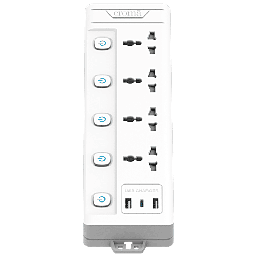 Croma 6 Amps 4 Sockets Surge Protector (2 Meters, Child Safety Shutters, White), 1 Unit  
