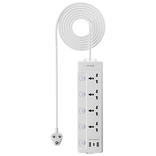 Croma 6 Amps 4 Sockets Surge Protector (2 Meters, Child Safety Shutters, White), 1 Unit  