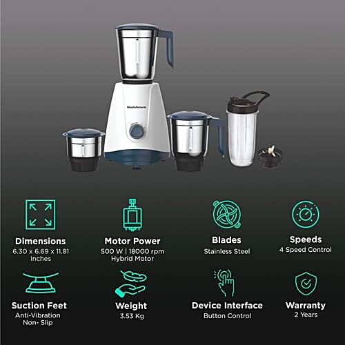 Morphy Richards Morphy Richards Tresta Plus 500 Watt 4 Jars Mixer Grinder (18000 RPM, Hybrid Motor, White & Blue), 1 Unit  