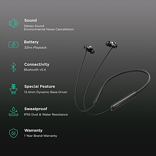 Realme realme Buds Wireless 3 Neo Neckband with Environmental Noise Cancellation (IP55 Water Resistant, 32 Hours Playtime, Black), 1 Unit