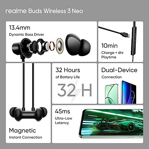 Realme realme Buds Wireless 3 Neo Neckband with Environmental Noise Cancellation (IP55 Water Resistant, 32 Hours Playtime, Black), 1 Unit