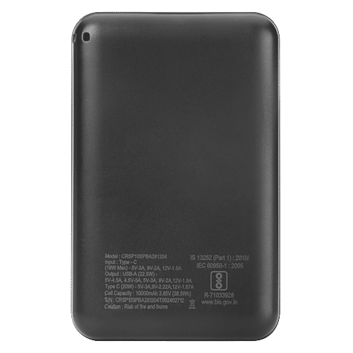 Croma 10000 mAh 22.5W Fast Charging Power Bank (1 Type A & 1 Type C Ports, Black), 1 Unit  