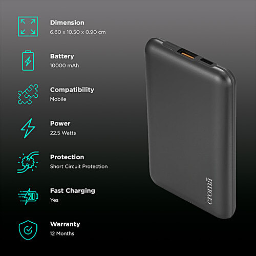 Croma 10000 mAh 22.5W Fast Charging Power Bank (1 Type A & 1 Type C Ports, Black), 1 Unit  