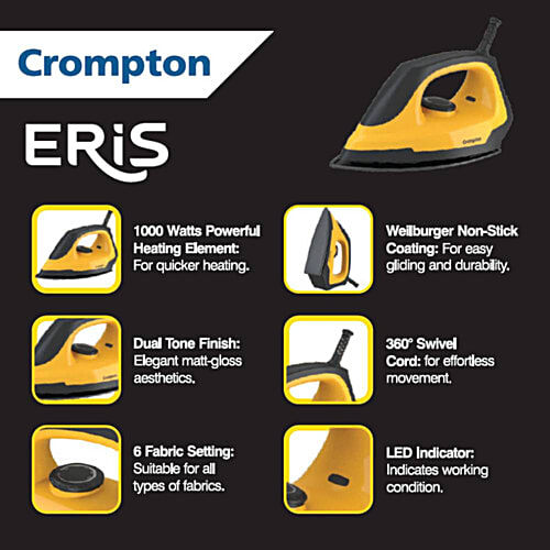 Crompton Eris 1000 Watts Dry Iron (6 Fabric Settings, Yellow & Black), 1 Unit  