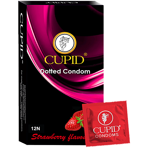 Cupid Dotted Condom - Strawberry Flavour, 12 pcs High Lubricant, Electronically Tested, Made From 100% Natural Rubber Latex