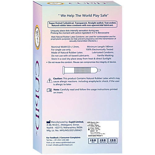 Cupid Super Dotted Condoms - For Elevated Sensation, 12 pcs High Lubricant, Electronically Tested, Made From 100% Natural Rubber Latex