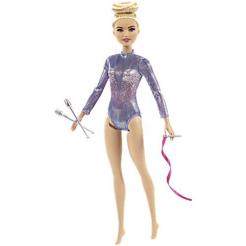 Barbie  Rhythmic Gymnast Blonde Doll - With Colourful Metallic Leotard, 2 Clubs & Ribbon Accessory, 1 Set  Great Gift for Ages 3 Years Old & Up