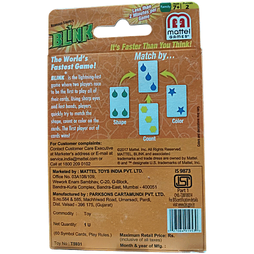 Mattel Games Reinhard Staupe's Blink Family Card Game, 1 Unit With 60 Cards & Instructions, Travel-Friendly, Makes a Great Gift for 7 Year Olds and Up