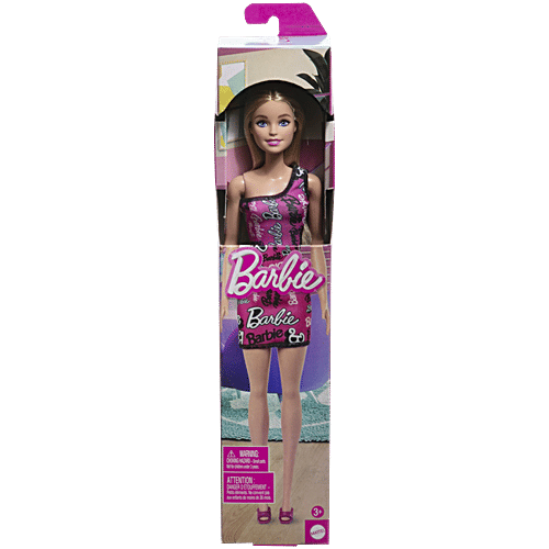 Barbie Fashion Doll - With Straight Blonde Hair, Wearing Removable Pink One-Shoulder Dress & Shoes, 1 pc With Logo Print