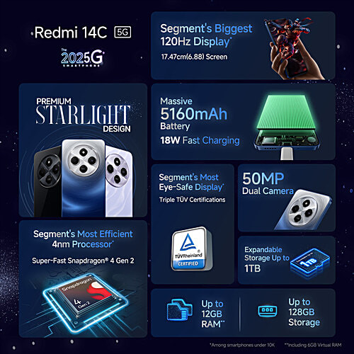 Redmi 14C 5G (6GB RAM, 128GB, Stargaze Black), 1 Unit  