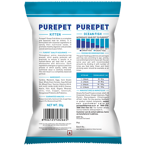 Purepet Ocean Fish Dry Kitten Food - Complete Nutrition, 30 g  Taurine For Healthy Heart, Healthy Skin & Beautiful Coat, Control Urinary pH, Hair Ball Protection