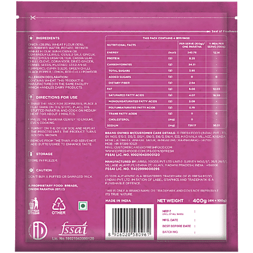 iD Onion Paratha, 400 g (4 N x 100 g) No Preservatives, Premium Ingredients, Authentic Recipe