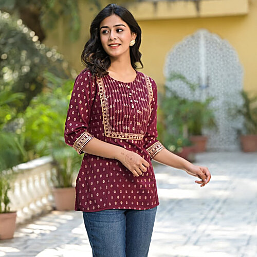 Juniper Maroon Printed 3/4th Sleeve Tunic, 1 pc (Size - XL) 