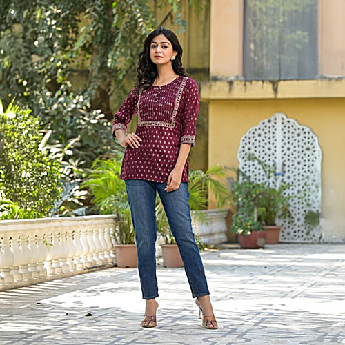 Juniper Maroon Printed 3/4th Sleeve Tunic, 1 pc (Size - XL) 