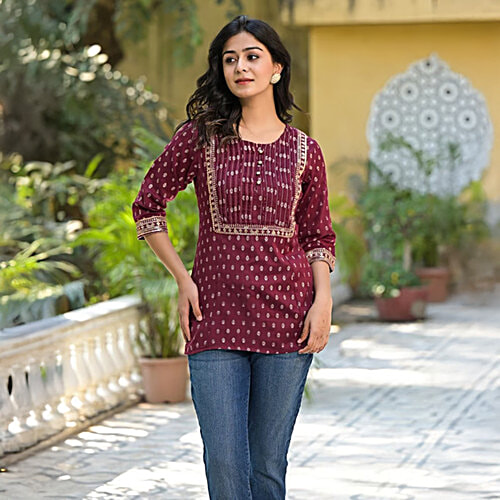 Juniper Maroon Printed 3/4th Sleeve Tunic, 1 pc (Size - XL) 