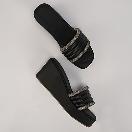 The White Pole Women's Black Casual Wedges, 1 Pair (UK/IND-4) 