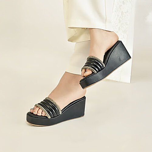 The White Pole Women's Black Casual Wedges, 1 Pair (UK/IND-5) 