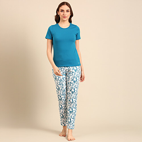 Pepe Jeans Solid T Shirt & Printed Pant Sleepset - Teal Floral, 2 pcs (Size - L)