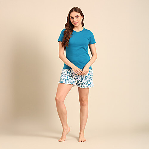 Pepe Jeans Solid T Shirt & Printed Shorts Sleepset - Teal Floral, 2 pcs (Size - XL)