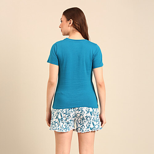 Pepe Jeans Solid T Shirt & Printed Shorts Sleepset - Teal Floral, 2 pcs (Size - S)