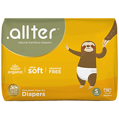 .allter  Organic Bamboo Diapers - Small Size, 3-6 kgs, 32 pcs  Ultra Soft, Chemical Free, Natural Bamboo Diapers