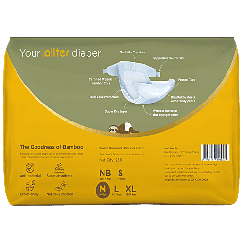 .allter Organic Bamboo Diapers - Medium Size, 5-8 kgs, 28 pcs Ultra Soft, Chemical Free, Natural Bamboo Diapers