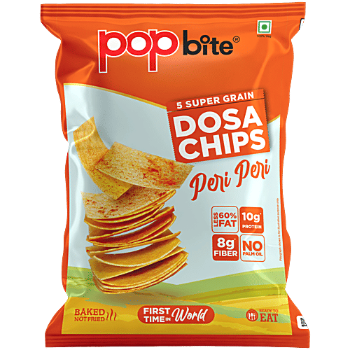 Pop Bite Peri Peri 5 Super Grain Dosa Chips, 60 g 60% Less Fat, 10 g Protein, 8g Fibre, No Palm Oil, Baked Not Fried, Ready to Eat