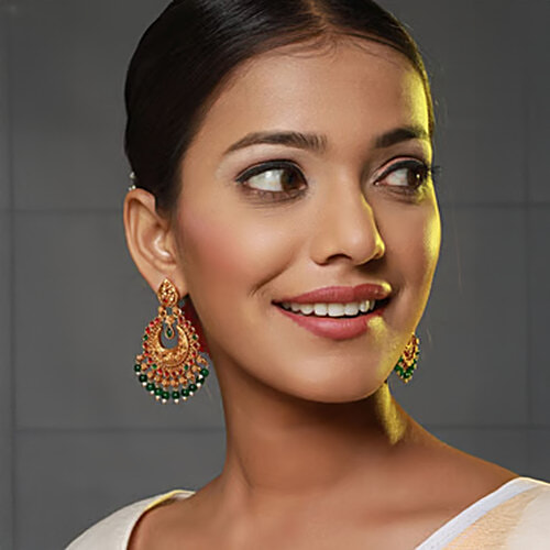 Aatmana Green & Pink Gold-Plated Contemporary Shaped Chand Bali Earrings For Women, 1 Pair (Free Size)