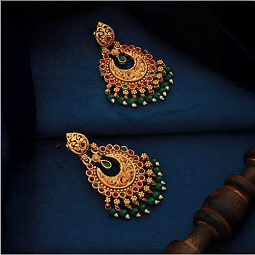 Aatmana Green & Pink Gold-Plated Contemporary Shaped Chand Bali Earrings For Women, 1 Pair (Free Size)
