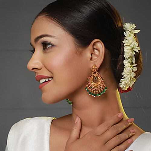 Aatmana Green & Pink Gold-Plated Contemporary Shaped Chand Bali Earrings For Women, 1 Pair (Free Size)