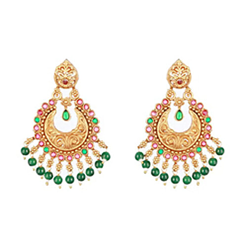Aatmana Green & Pink Gold-Plated Contemporary Shaped Chand Bali Earrings For Women, 1 Pair (Free Size)
