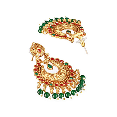 Aatmana Green & Pink Gold-Plated Contemporary Shaped Chand Bali Earrings For Women, 1 Pair (Free Size)