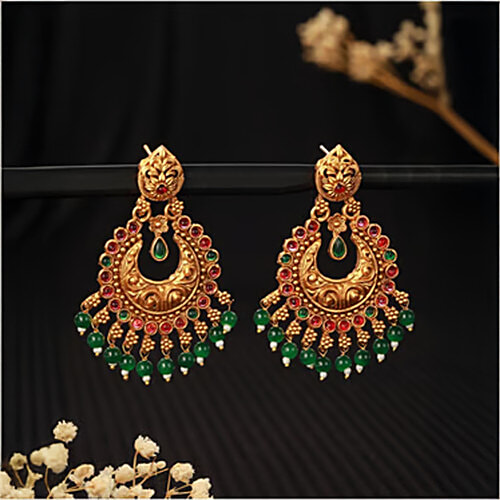 Aatmana Green & Pink Gold-Plated Contemporary Shaped Chand Bali Earrings For Women, 1 Pair (Free Size)