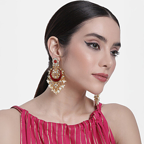 Peora Traditional Gold-Plated Maroon Chand Bali Earrings, 1 Pair (Free Size) 