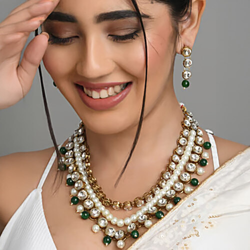Fida Ethnic Bridal Green Jewellery - Necklace With Earrings, 1 Set (Free Size)