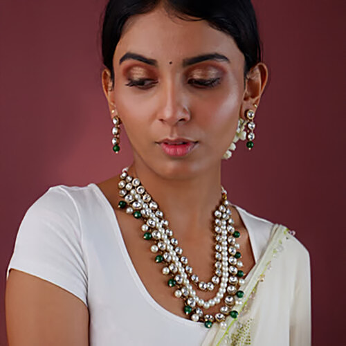 Fida Ethnic Bridal Green Jewellery - Necklace With Earrings, 1 Set (Free Size)