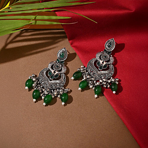 Fida Green Oxidized Silver Chand Bali Earrings For Women, 1 Pair (Free Size)
