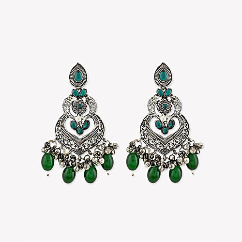 Fida Green Oxidized Silver Chand Bali Earrings For Women, 1 Pair (Free Size)