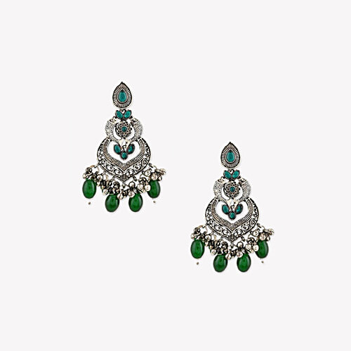 Fida Green Oxidized Silver Chand Bali Earrings For Women, 1 Pair (Free Size)