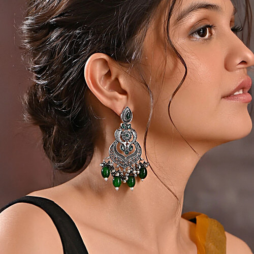 Fida Green Oxidized Silver Chand Bali Earrings For Women, 1 Pair (Free Size)