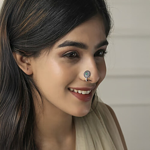 Fida Stones Silver-Plated Oxidised Floral Tribal Nosepins For Women, 6 pcs (Free Size)